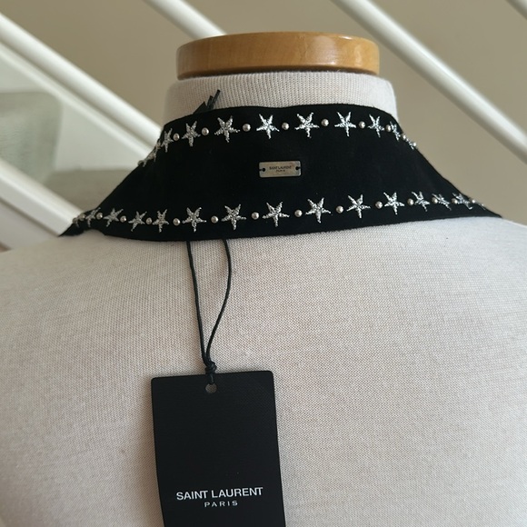 NWT Saint Laurent YSL Black Suede Scarf Choker Metallic Stars & Silver Studs - Picture 7 of 16